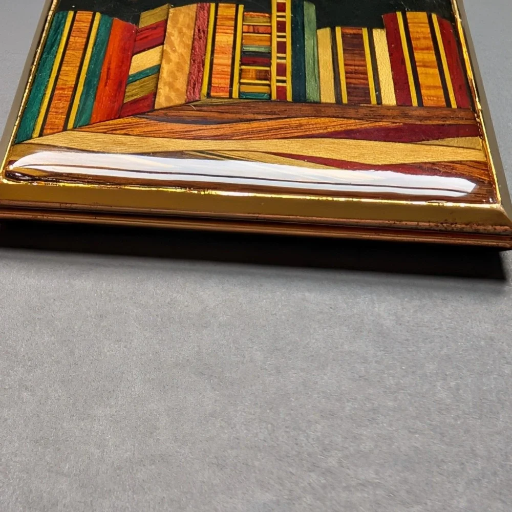 Vintage Gold Tone Cityscape w Moon Marquetry Resin Square Makeup Compact Mirror